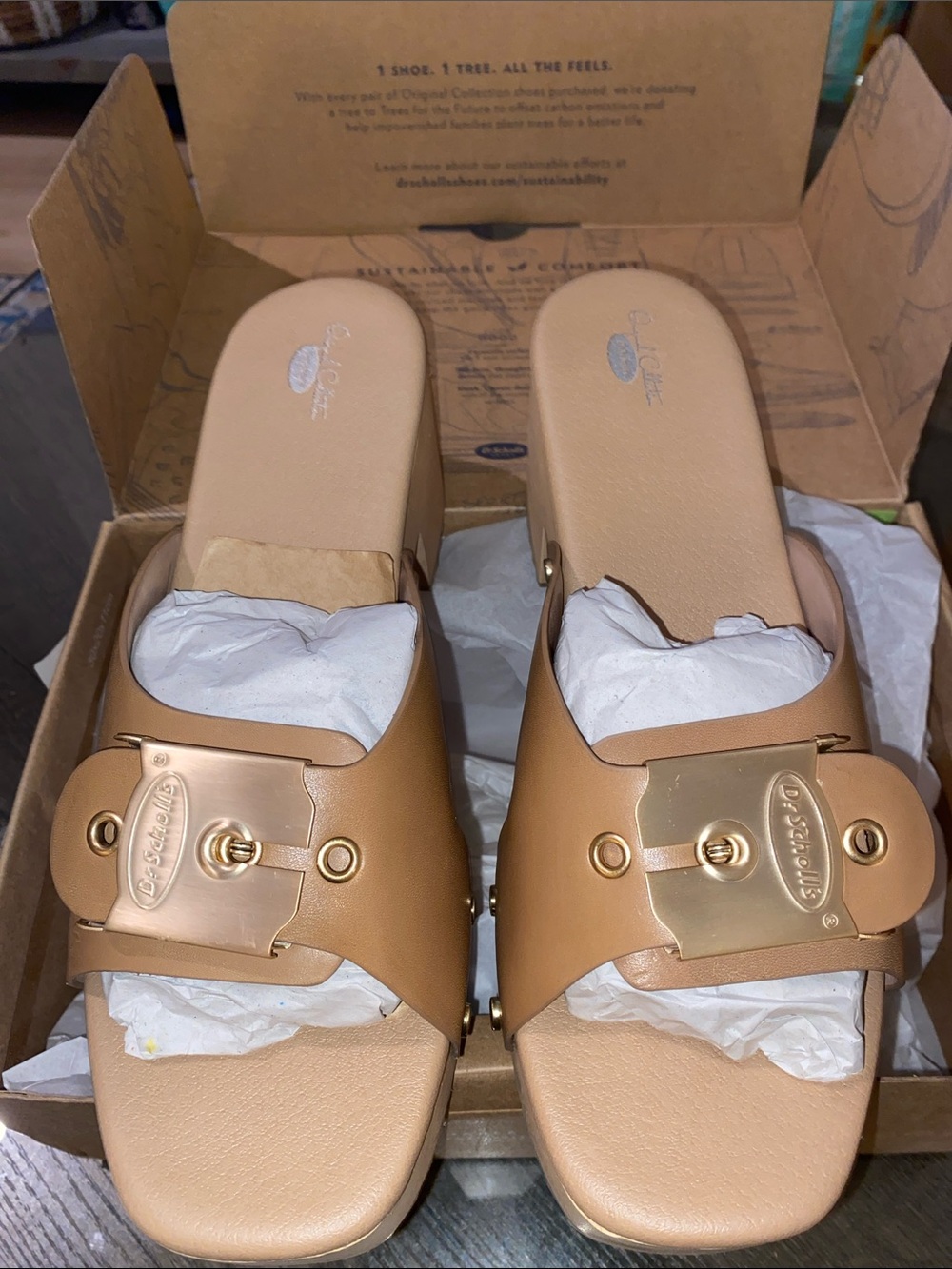 Dr. Scholl's Tan Slide Mules with Gold-Tone Buckle